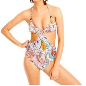 J.‎ Crew scribble floral print cutout one piece swimsuit multi color O ring sz 4